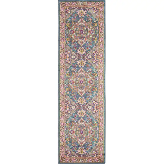 8' Teal And Ivory Medallion Distressed Runner Rug Photo 8
