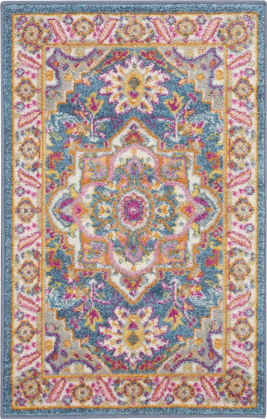 Teal And Ivory Medallion Distressed Area Rug Photo 1