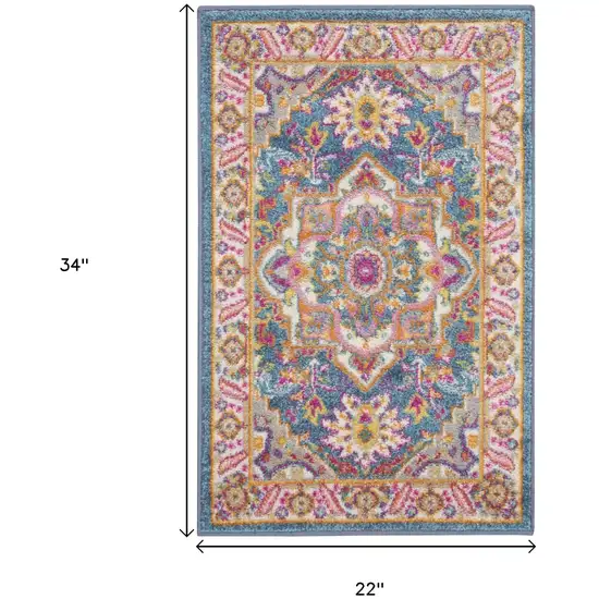 Teal And Ivory Medallion Distressed Area Rug Photo 3