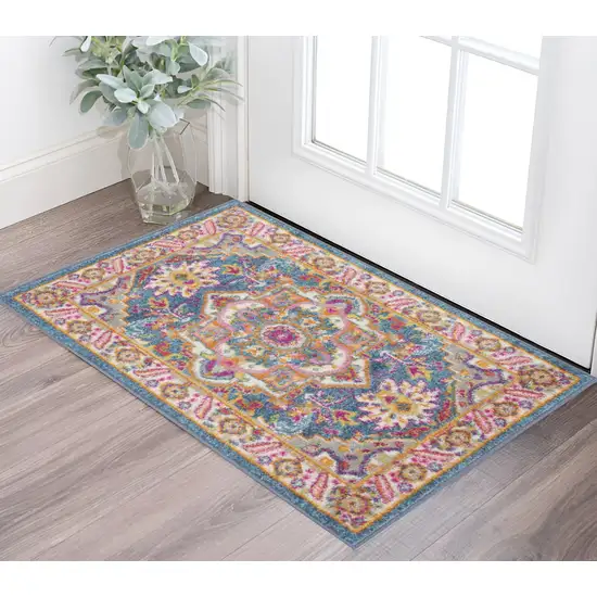 Teal And Ivory Medallion Distressed Area Rug Photo 1