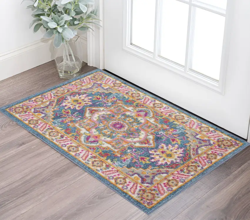 Teal And Ivory Medallion Distressed Area Rug Photo 1