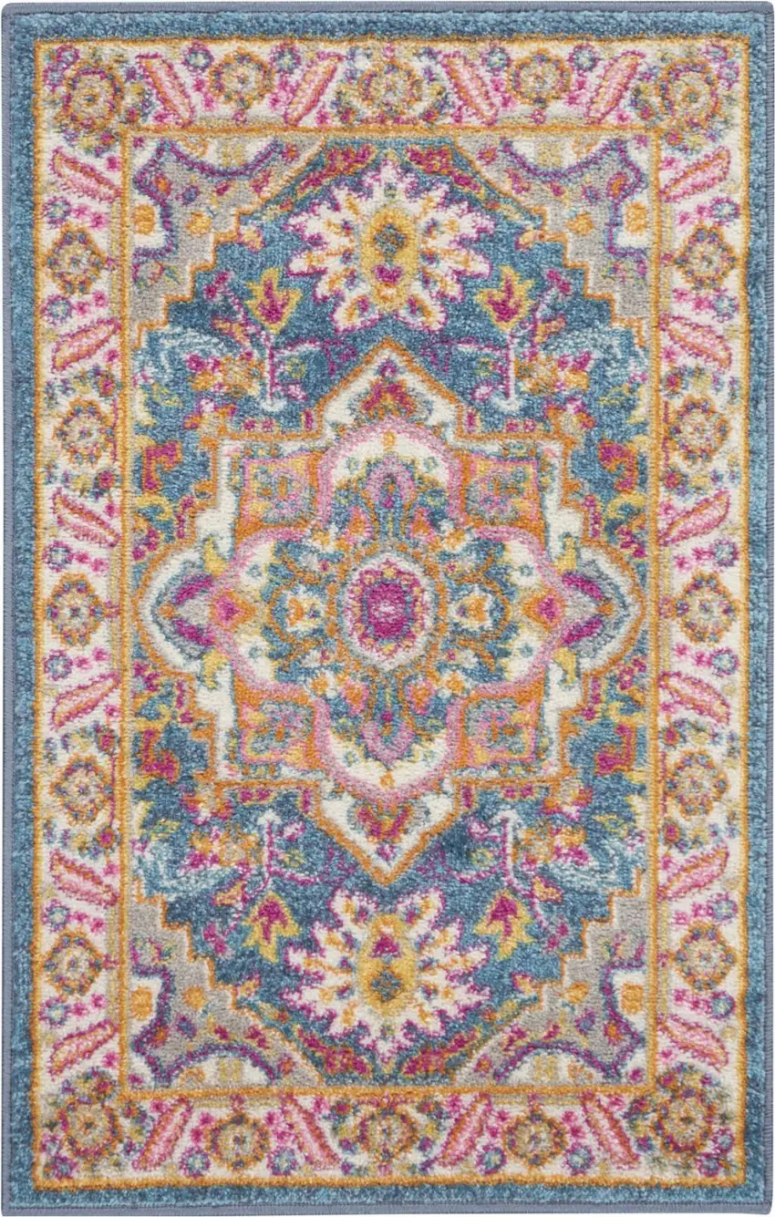 Teal And Ivory Medallion Distressed Area Rug Photo 9