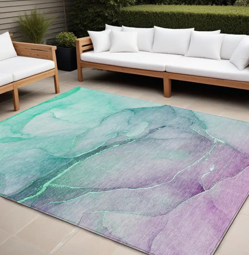 Teal and Purple Abstract Washable Indoor Outdoor Area Rug Photo 1