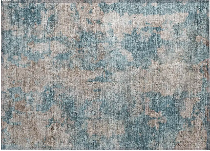 Teal and Taupe Abstract Washable Non Skid Indoor Outdoor Area Rug Photo 2