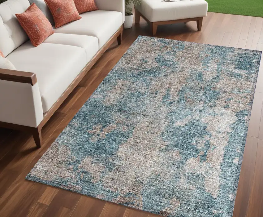 Teal and Taupe Abstract Washable Non Skid Indoor Outdoor Area Rug Photo 1