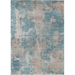 Photo of Teal and Taupe Abstract Washable Non Skid Indoor Outdoor Area Rug