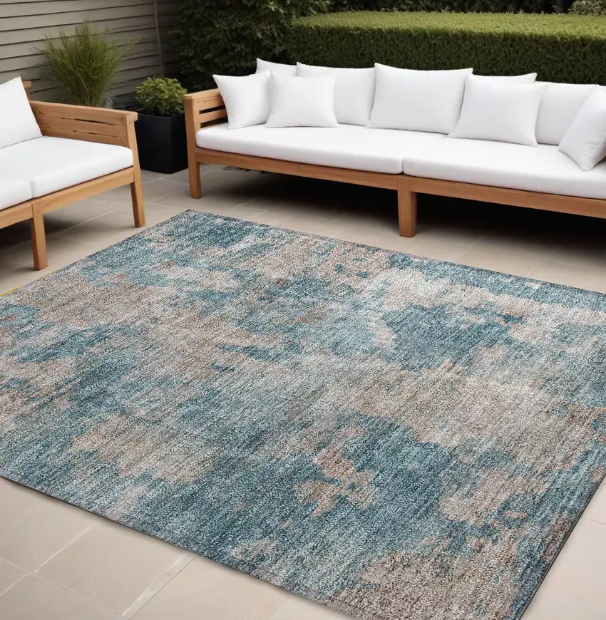 Teal and Taupe Abstract Washable Non Skid Indoor Outdoor Area Rug Photo 1