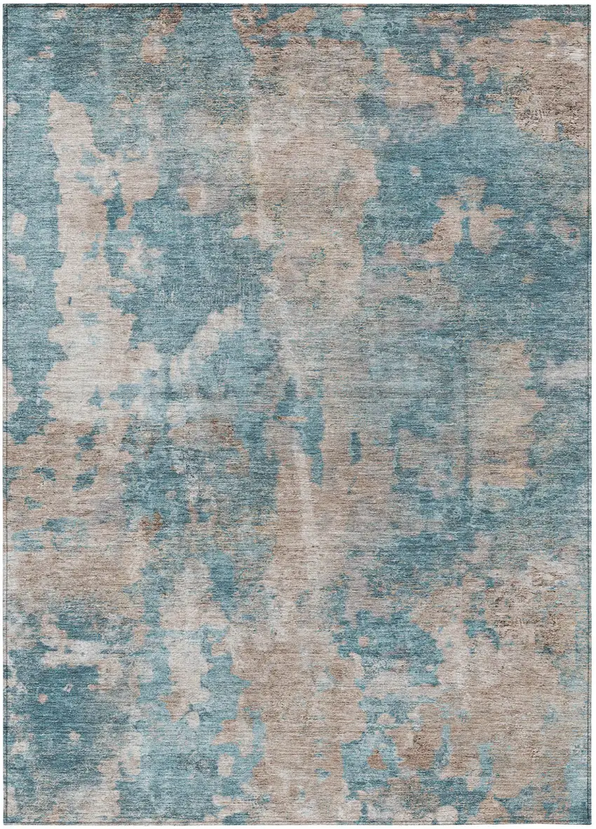 Teal and Taupe Abstract Washable Non Skid Indoor Outdoor Area Rug Photo 2