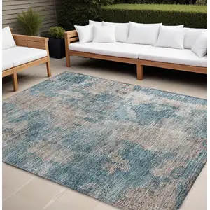 Photo of Teal and Taupe Abstract Washable Non Skid Indoor Outdoor Area Rug