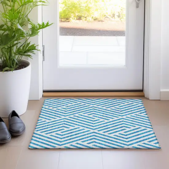 Teal and White Geometric Washable Non Skid Indoor Outdoor Area Rug Photo 9