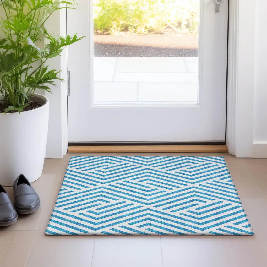 Teal and White Geometric Washable Non Skid Indoor Outdoor Area Rug Photo 9