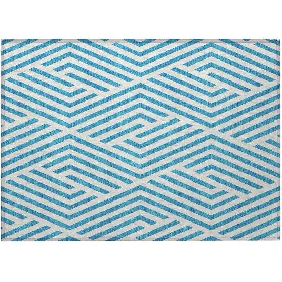 Teal and White Geometric Washable Non Skid Indoor Outdoor Area Rug Photo 4
