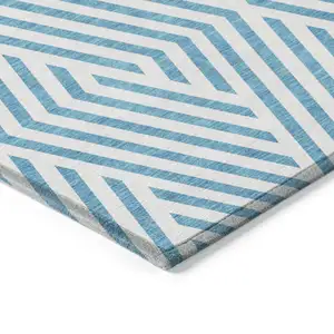 Photo of Teal and White Geometric Washable Non Skid Indoor Outdoor Area Rug