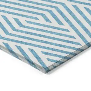 Photo of Teal and White Geometric Washable Non Skid Indoor Outdoor Area Rug