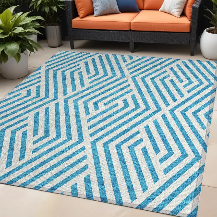 Teal and White Geometric Washable Non Skid Indoor Outdoor Area Rug Photo 1