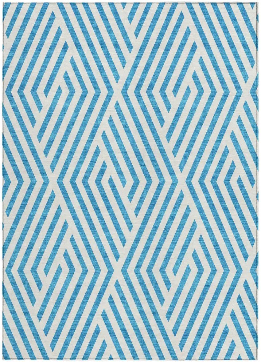 Teal and White Geometric Washable Non Skid Indoor Outdoor Area Rug Photo 4