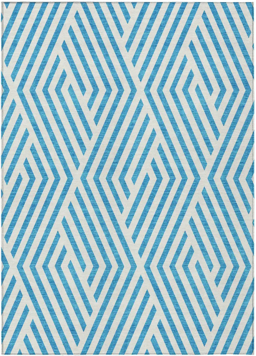Teal and White Geometric Washable Non Skid Indoor Outdoor Area Rug Photo 2
