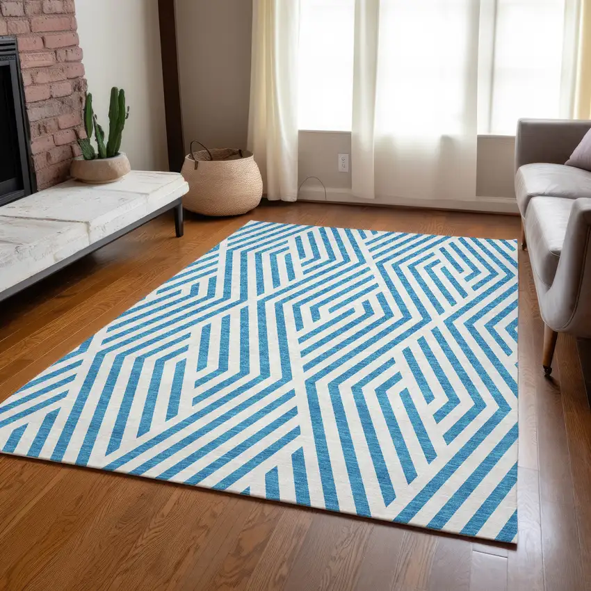 Teal and White Geometric Washable Non Skid Indoor Outdoor Area Rug Photo 9