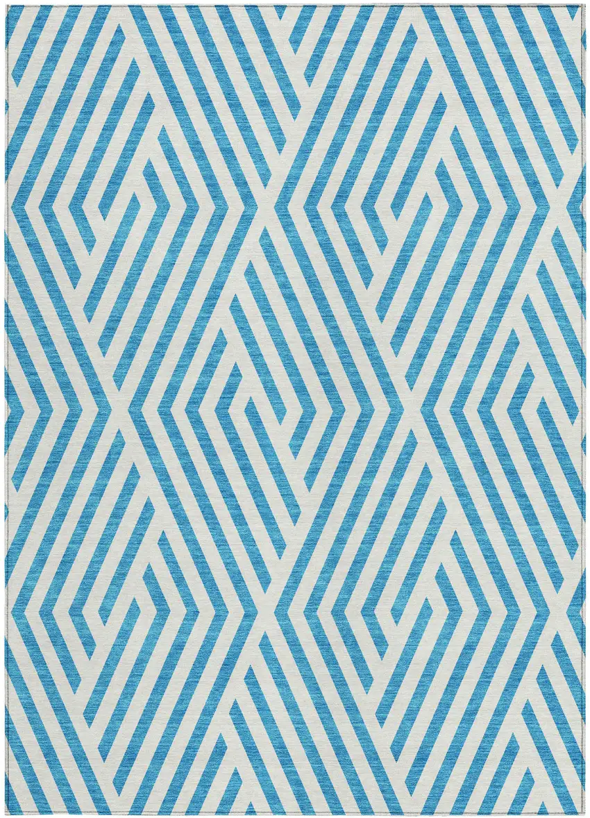 Teal and White Geometric Washable Non Skid Indoor Outdoor Area Rug Photo 4