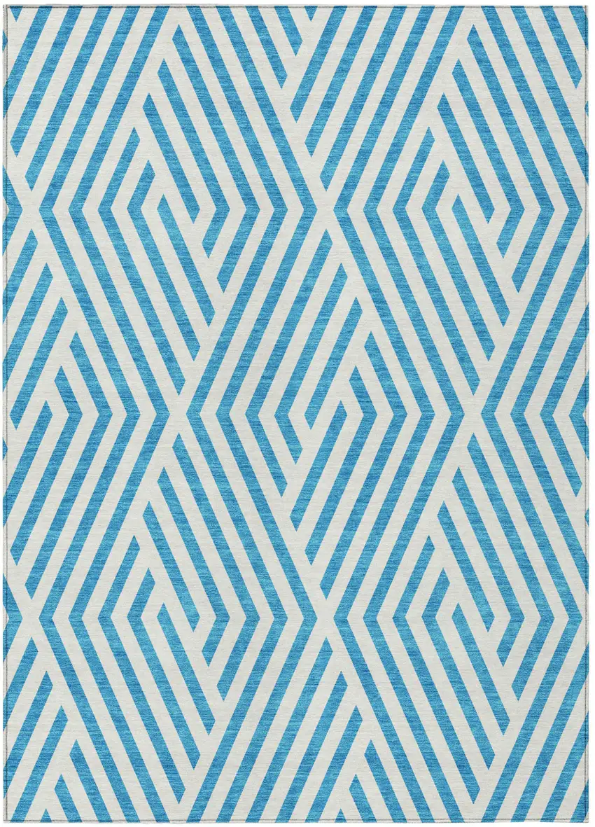 Teal and White Geometric Washable Non Skid Indoor Outdoor Area Rug Photo 2