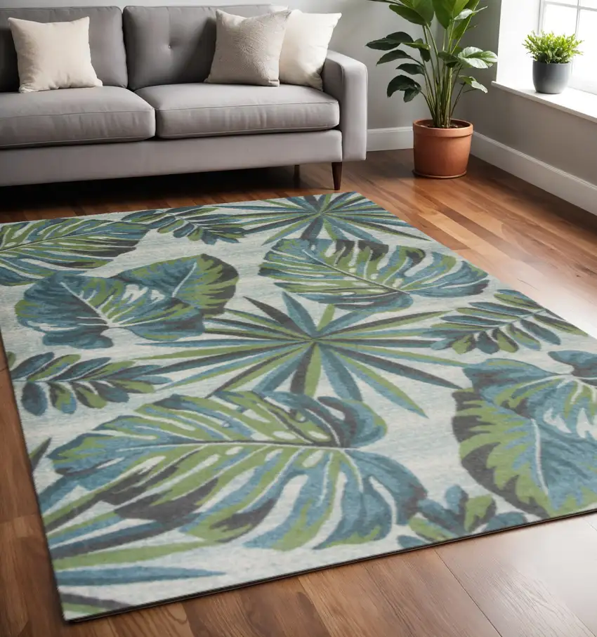 Beige Teal And Green Tropical Botanical Area Rug Photo 1