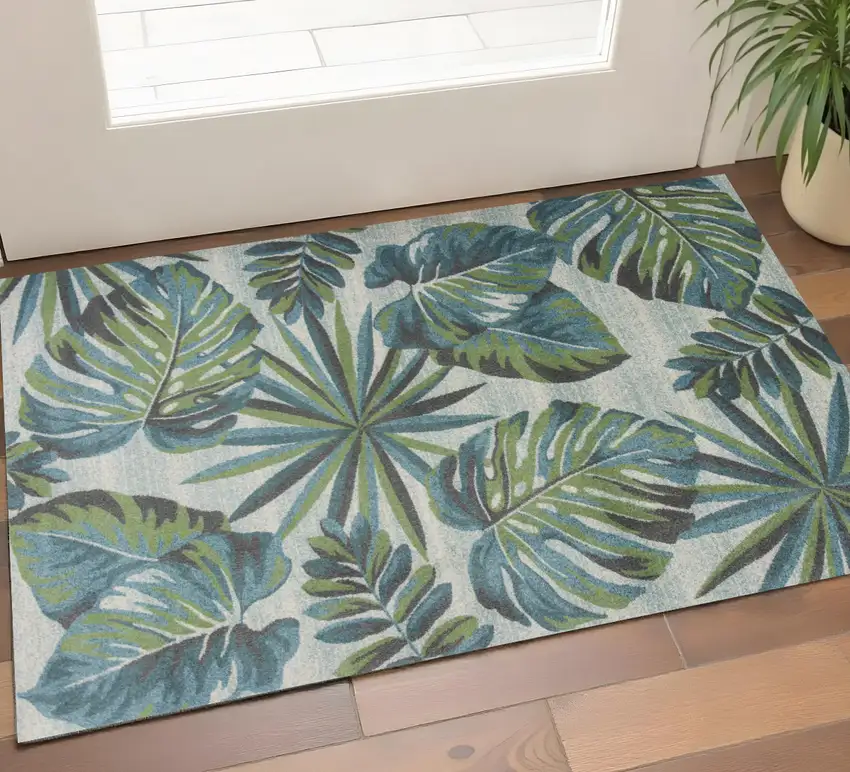 Beige Teal And Green Tropical Botanical Area Rug Photo 1