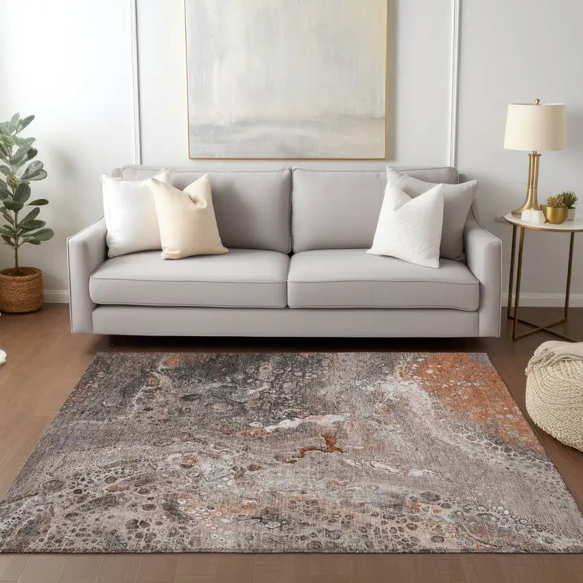 Terra Cotta Abstract Washable Non Skid Indoor Outdoor Area Rug Photo 9