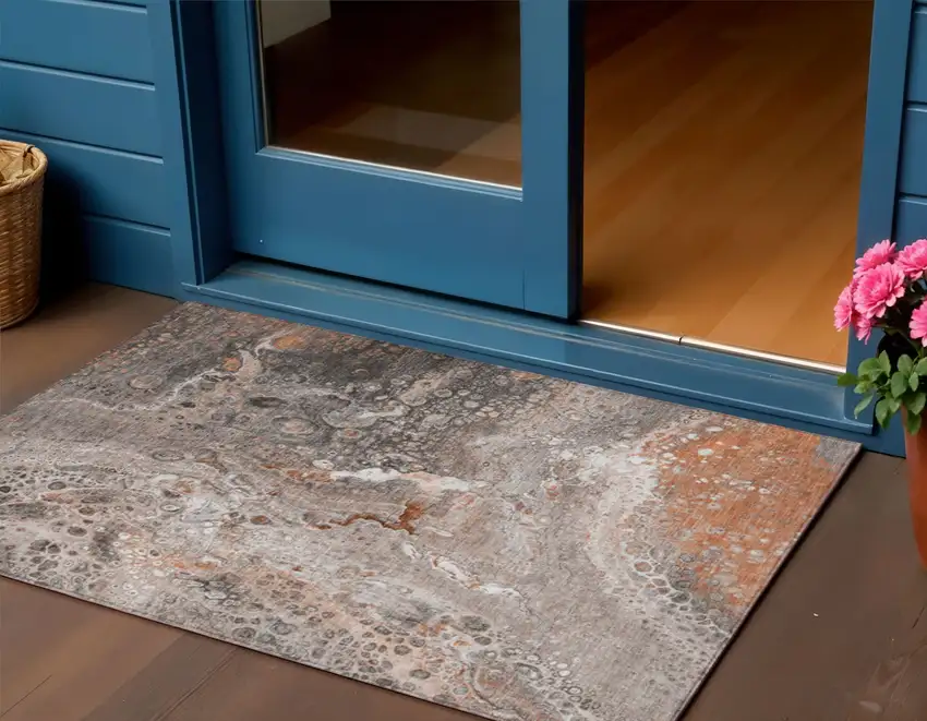 Terra Cotta Abstract Washable Non Skid Indoor Outdoor Area Rug Photo 1