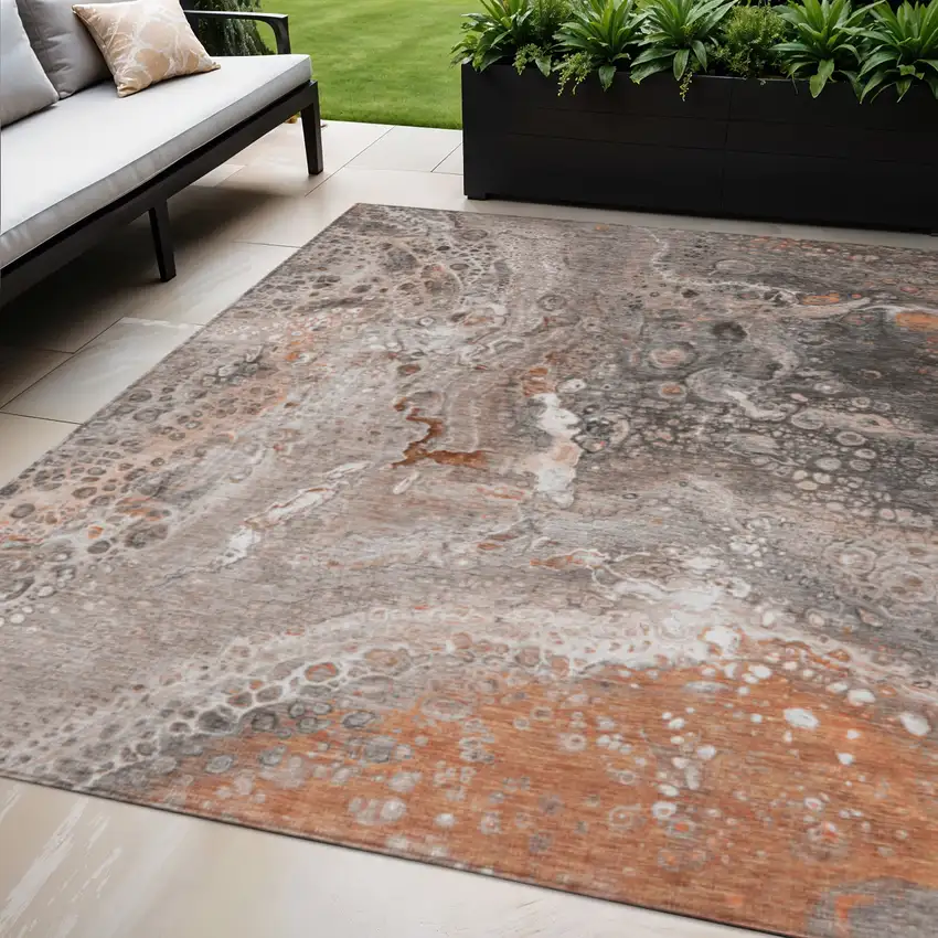 Terra Cotta Abstract Washable Non Skid Indoor Outdoor Area Rug Photo 1