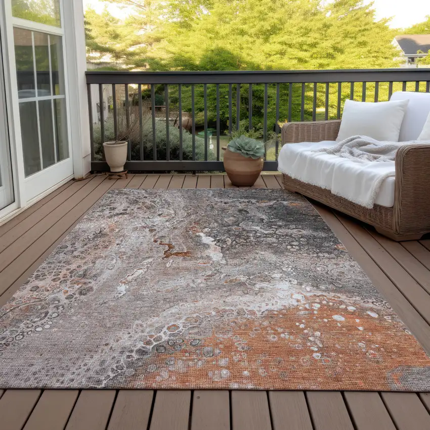 Terra Cotta Copper And Gray Abstract Washable Indoor Outdoor Area Rug Photo 9