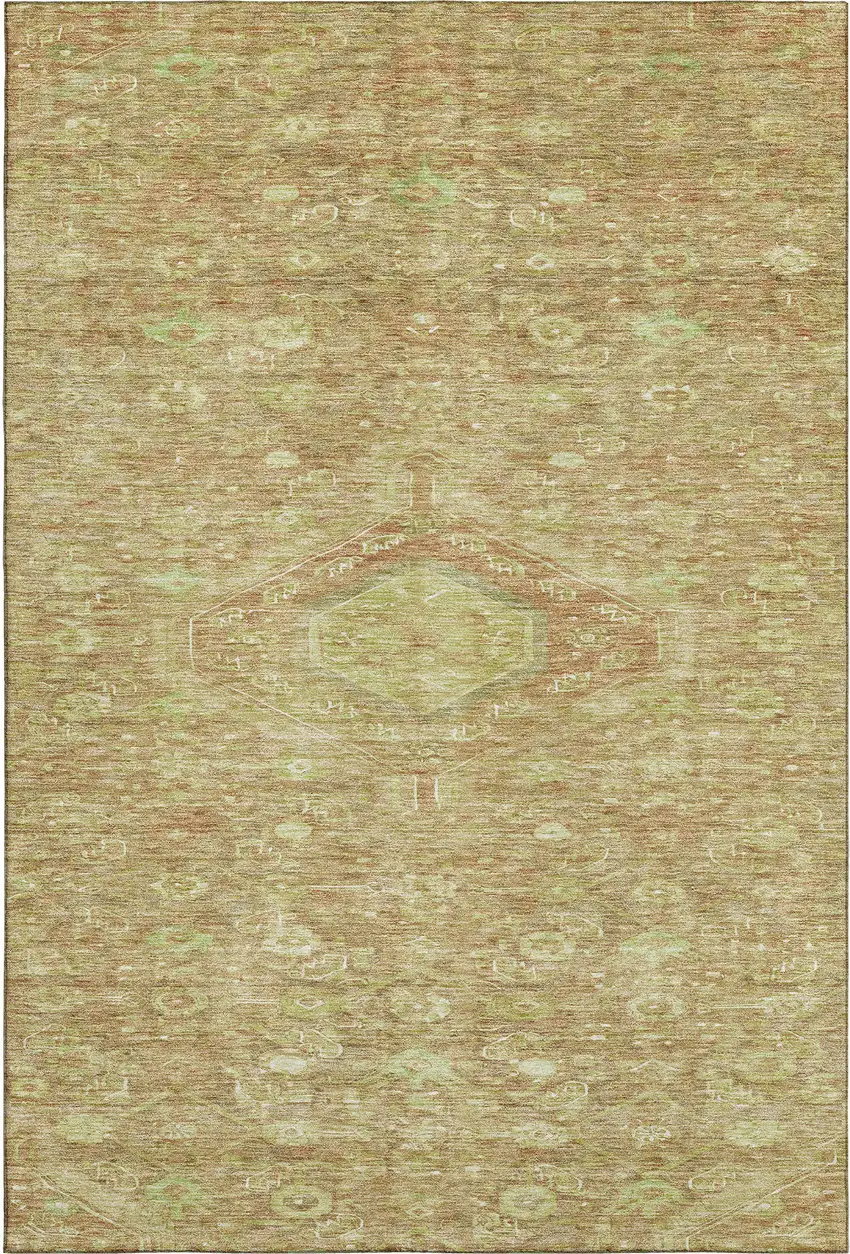 Terra Cotta And Artichoke Green Floral Washable Area Rug With UV Protection Photo 1