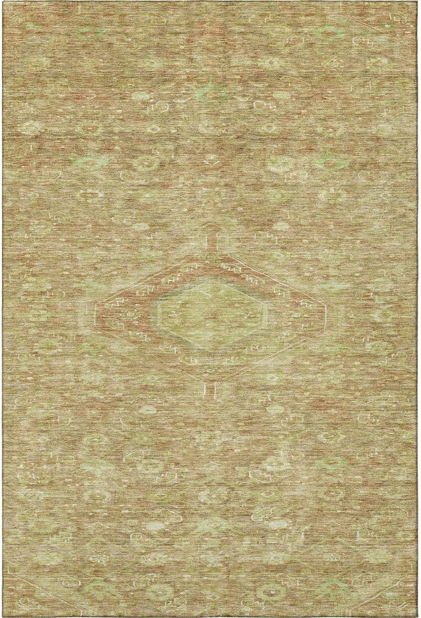 Terra Cotta And Artichoke Green Floral Washable Area Rug With UV Protection Photo 3
