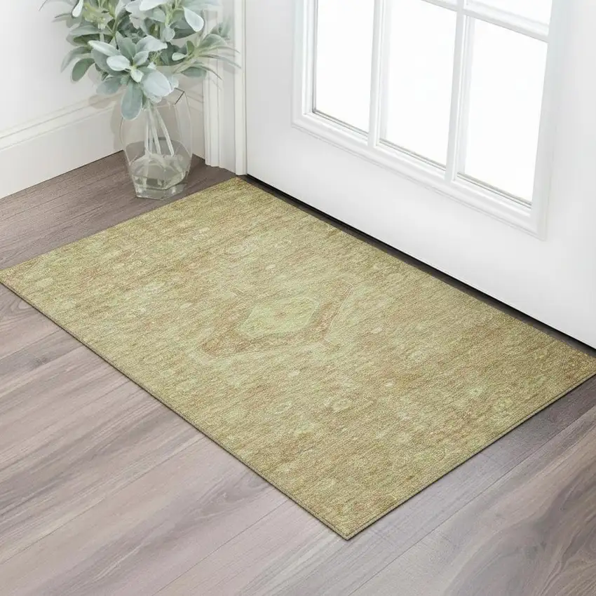 Terra Cotta And Artichoke Green Floral Washable Area Rug With UV Protection Photo 2