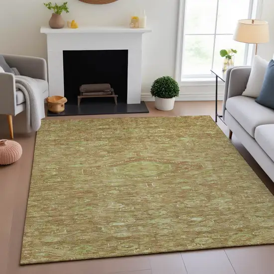 Terra Cotta And Artichoke Green Floral Washable Area Rug With UV Protection Photo 4