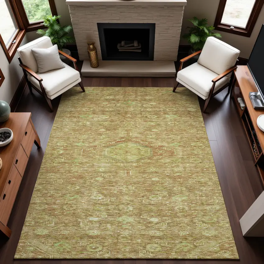 Terra Cotta And Artichoke Green Floral Washable Area Rug With UV Protection Photo 5