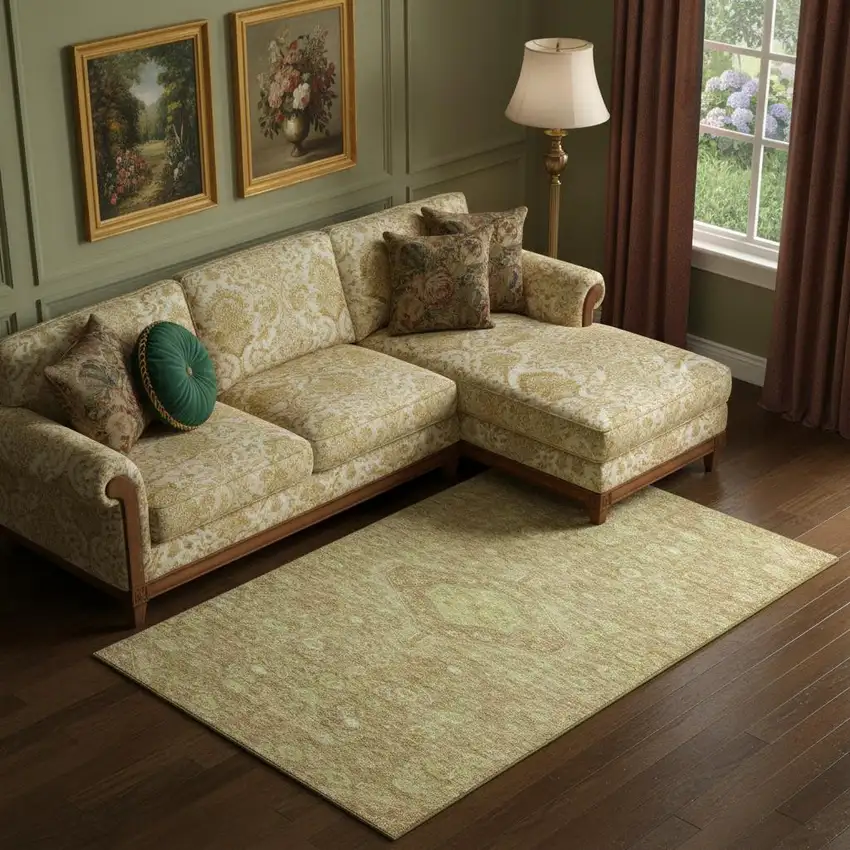 Terra Cotta And Artichoke Green Floral Washable Area Rug With UV Protection Photo 2