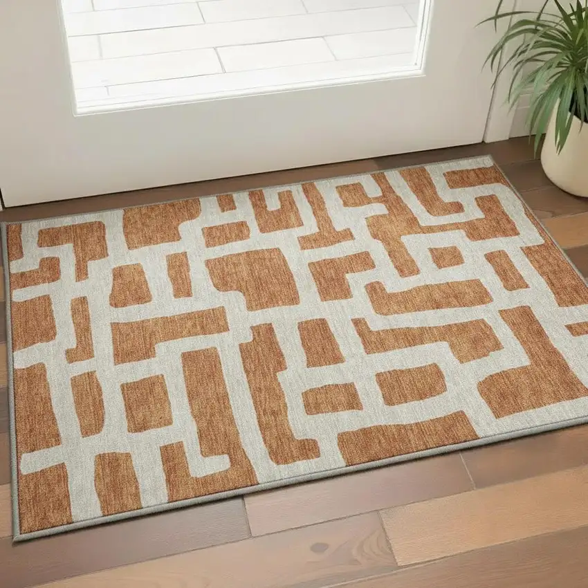 Terra Cotta And Beige Abstract Geometric Washable Area Rug With UV Protection Photo 2