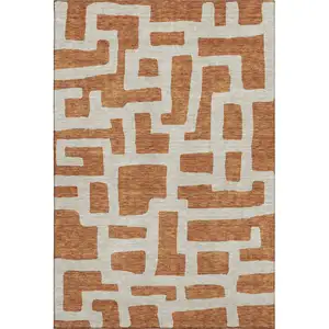 Photo of Terra Cotta And Beige Abstract Geometric Washable Area Rug With UV Protection