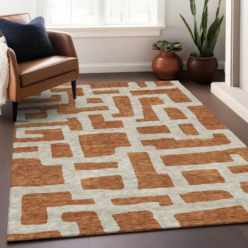 Terra Cotta And Beige Abstract Geometric Washable Area Rug With UV Protection Photo 5