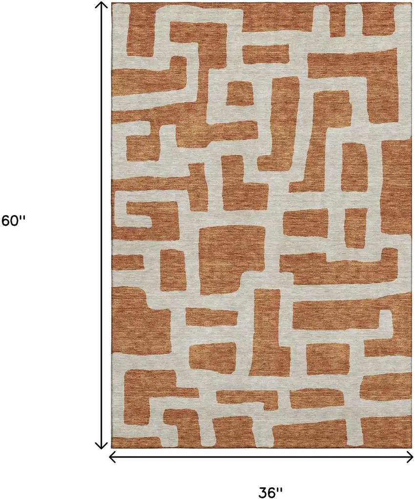 Terra Cotta And Beige Abstract Geometric Washable Area Rug With UV Protection Photo 3