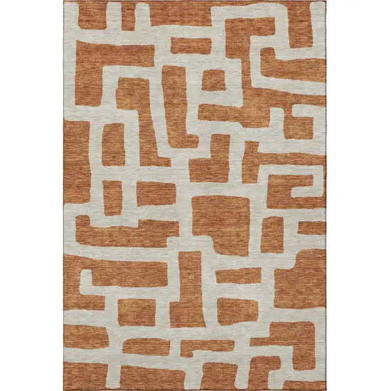 Terra Cotta And Beige Abstract Geometric Washable Area Rug With UV Protection Photo 4