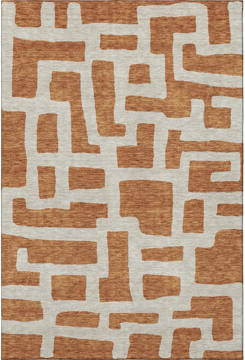 Terra Cotta And Beige Abstract Geometric Washable Area Rug With UV Protection Photo 4
