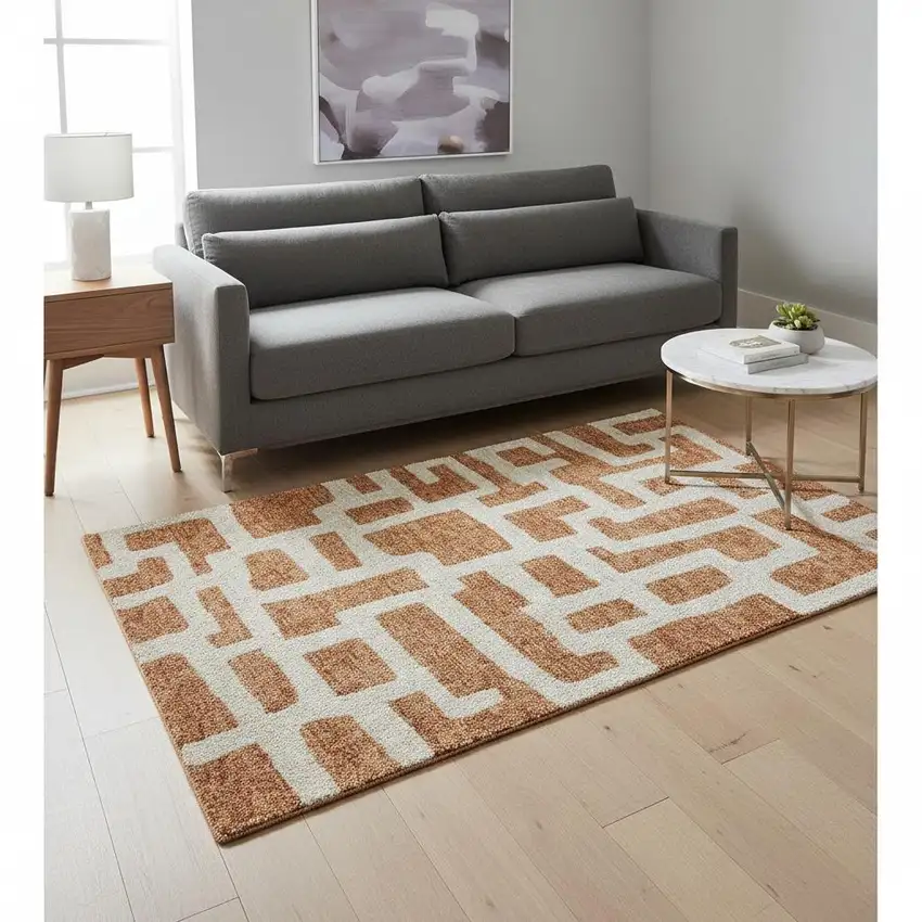 Terra Cotta And Beige Abstract Geometric Washable Area Rug With UV Protection Photo 2