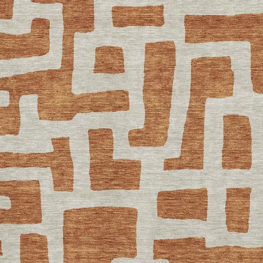 Terra Cotta And Beige Abstract Geometric Washable Area Rug With UV Protection Photo 3