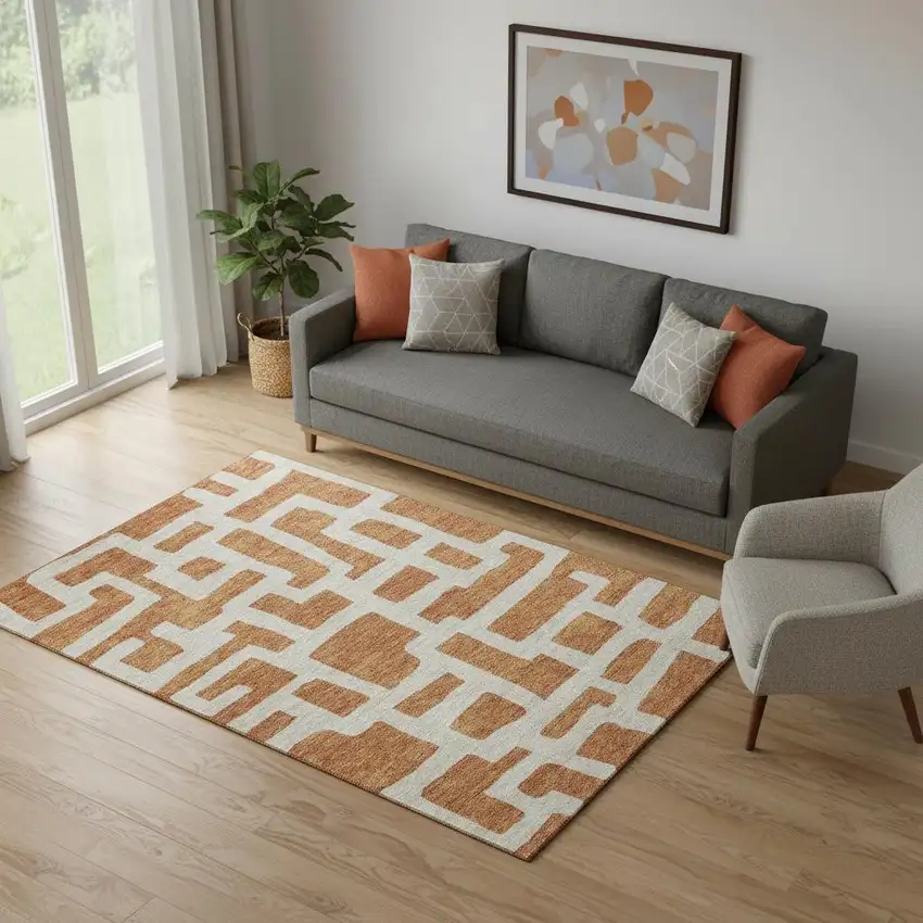 Terra Cotta And Beige Abstract Geometric Washable Area Rug With UV Protection Photo 1
