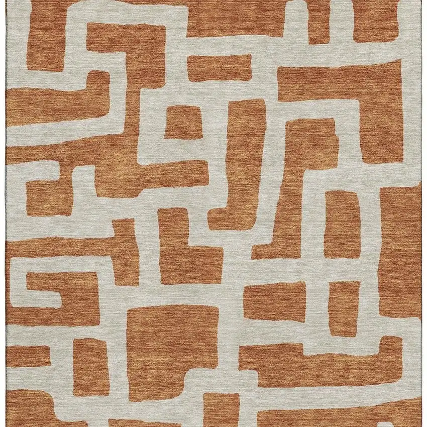Terra Cotta And Beige Abstract Geometric Washable Area Rug With UV Protection Photo 4