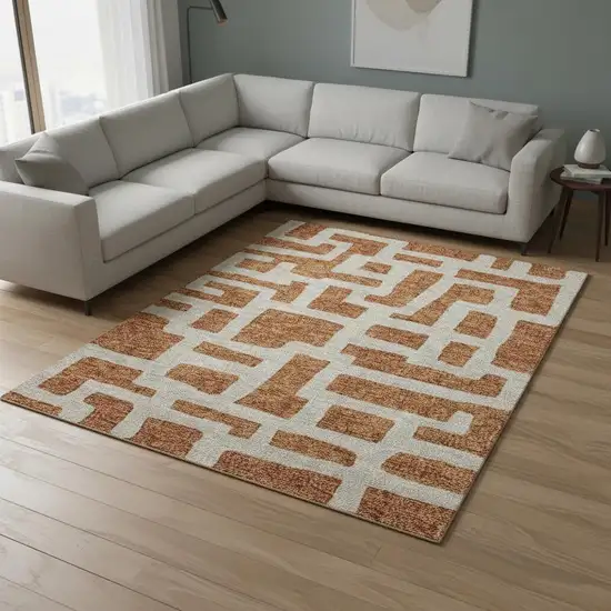 Terra Cotta And Beige Abstract Geometric Washable Area Rug With UV Protection Photo 2