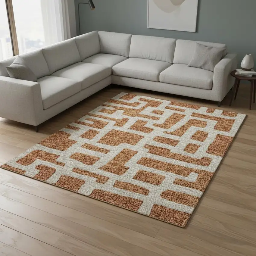Terra Cotta And Beige Abstract Geometric Washable Area Rug With UV Protection Photo 2
