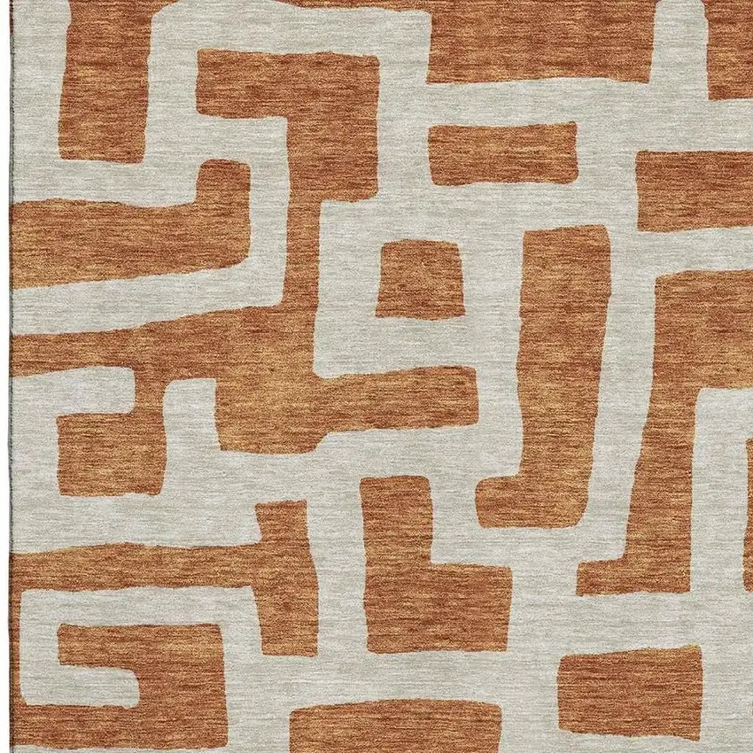 Terra Cotta And Beige Abstract Geometric Washable Area Rug With UV Protection Photo 3