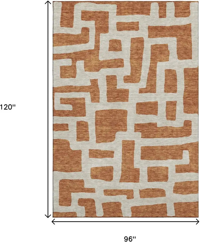 Terra Cotta And Beige Abstract Geometric Washable Area Rug With UV Protection Photo 3